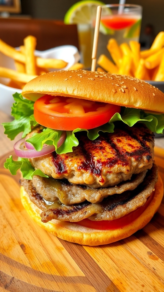 Simple 4-Ingredient Hamburger Recipe A delicious hamburger with lettuce and tomato on a bun, served with fries.